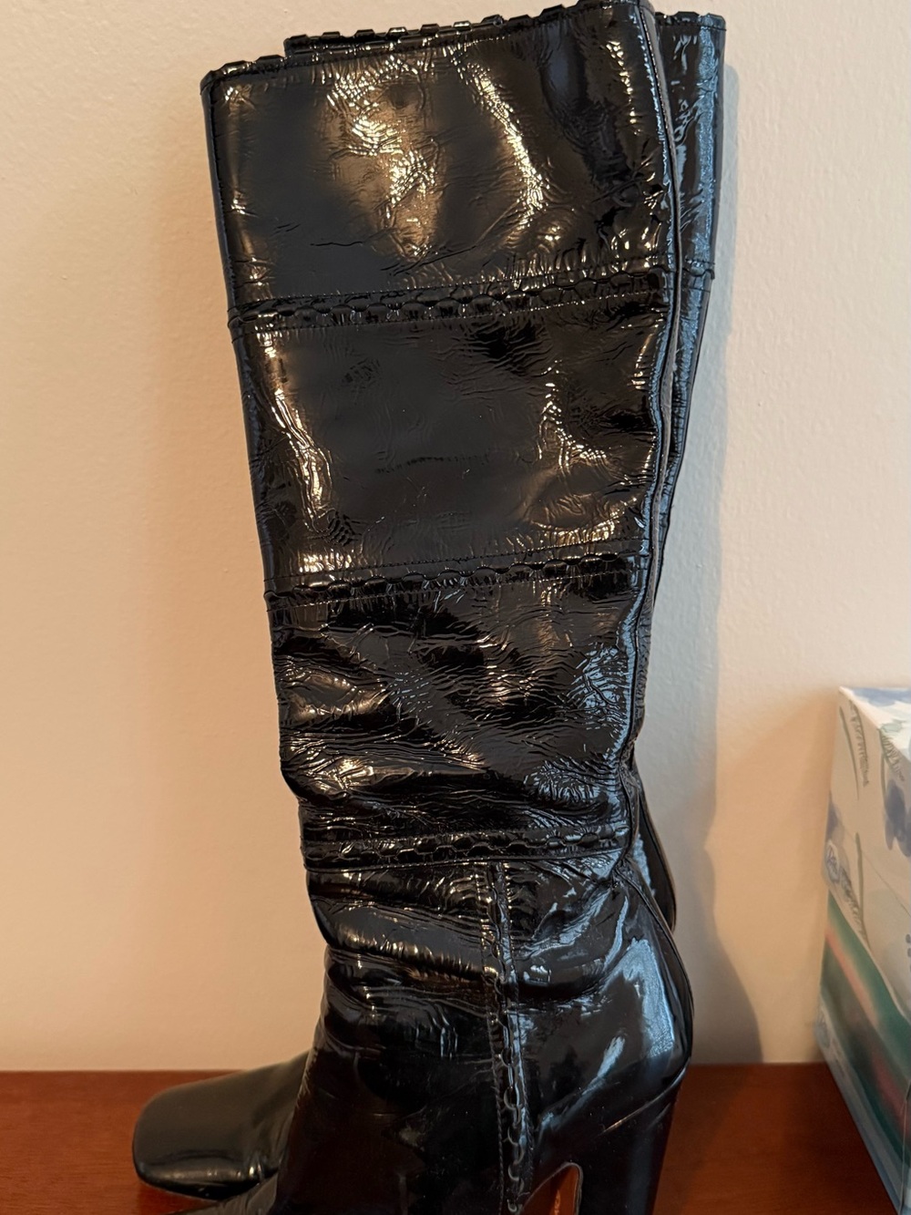 Black Patent Leather High Heel Knee Boots - Picture 3 of 6